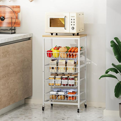 Snack Cart, 5-Tier Kitchen Carts on Wheels with Storage,Fruit Basket Stand with Pull-Out Baskets and Wood Top,Kitchen Organizer for Fruit Vegetable Snack (Oak Beige)