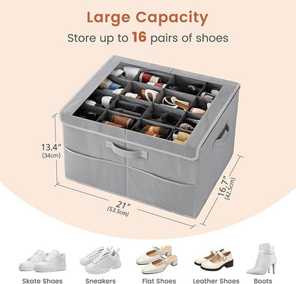 PHINOX Shoe Organizer for Closet, Fits up to 16 Pairs, Shoe Storage Bins with Clear Cover and Reinforced Handles, Foldable Shoe Storage Organizer, Space Saving Shoe Holder for Wardrobe, 1 Pack Grey