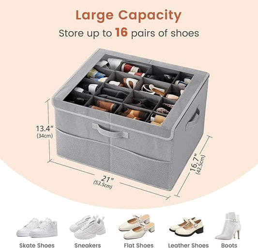 PHINOX Shoe Organizer for Closet, Fits up to 16 Pairs, Shoe Storage Bins with Clear Cover and Reinforced Handles, Foldable Shoe Storage Organizer, Space Saving Shoe Holder for Wardrobe, 1 Pack Grey