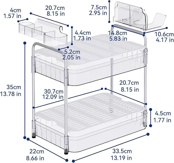 AmzAge Bathroom Countertop Organizer,Makeup Counter Organizer With Hair Dryer Holder,Compatible with Dyson Blow Dryer,Electric Toothbrush And Toothpaste Holder,2-Tier Detachable Design,Transparent