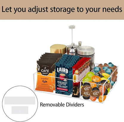 Coffee Station Organizer for Countertop, Removable Dividers Coffee Bar Accessories for Storage Sugar Packets Tea Bags, Clear