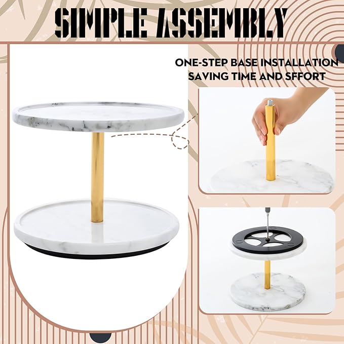 2-Tier Marble Lazy Susan, 10'' Circular Marble Stone Decorative Tray Organizer, Rotating Bathroom Turntable, Kitchen Spice Rack Organizer for Countertop Vanity Dresser Dining Table Pantry