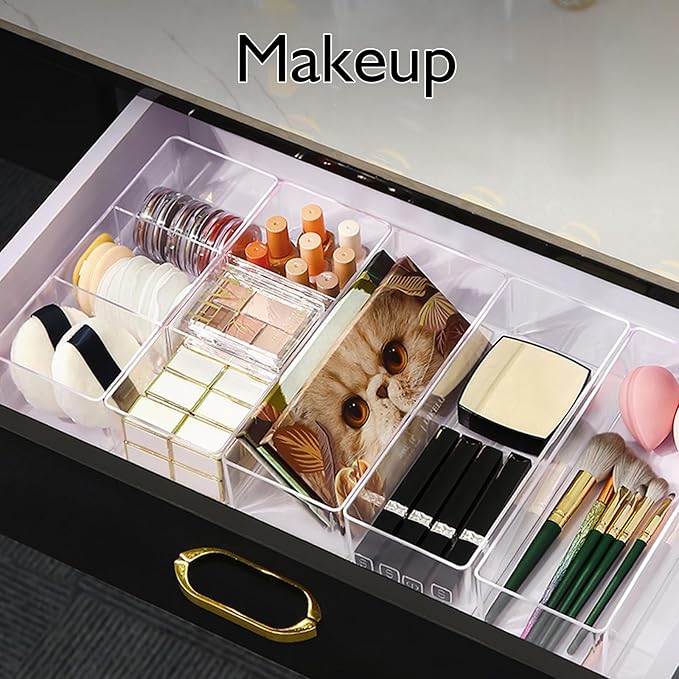 Recogwood Stackable Acrylic Drawer Organizer Set, 18 PCS Multi-Size Storage Bins for Makeup, Office Desk, Bathroom, Vanity and Kitchen Utensils