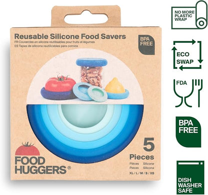 Food Huggers 5pc Reusable Silicone Food Savers | BPA Free & Dishwasher Safe | Fruit & Vegetable Produce Storage for Onion, Tomato, Lemon, Banana, Cans & More | Round, Ice Blue
