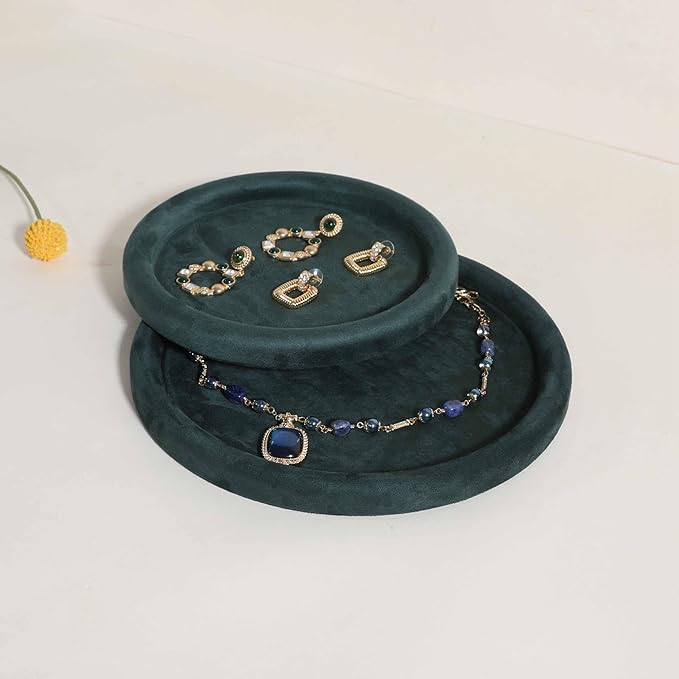 GemeShou Round Jewelry Organizer Plate, Top Microfiber Velvet Jewelry Display Tray, Empty Jewelry Showcase Tray for Necklaces, Bracelets, Rings, Earrings (Green-Large, 9.8 x 9.8 in)
