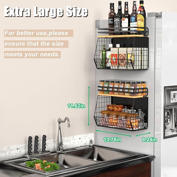 2 Pack Magnetic Spice Storage Rack Organizer for Refrigerator, Magnetic Shelf for Fridge with Wood Lid, Organizer for Kitchen & Laundry, Potato and Onion Storage Bins, Large Container, Strong Magnets