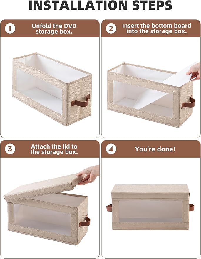 4 Pack DVD Storage Box with Visible Window, Dustproof CD/DVD Case Holder Organizer Rack Can Hold Up to 104 DVD, Blu-ray & CD Storage, Stackable and Lid Design-Beige