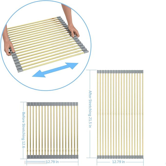 AXIMIXAME Expandable Large Draining Rack, Roll Up Heat-Resistant Dish Drainer for Stainless Steel Sinks, Collapsible Over The Sink Rack Non-Slip Silicone Rolling Up Rack Gold 18 Tube