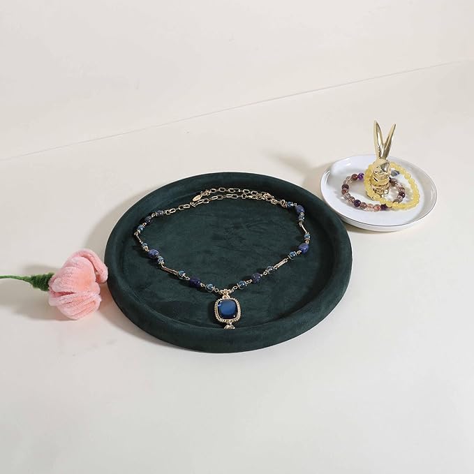 GemeShou Round Jewelry Organizer Plate, Top Microfiber Velvet Jewelry Display Tray, Empty Jewelry Showcase Tray for Necklaces, Bracelets, Rings, Earrings (Green-Large, 9.8 x 9.8 in)