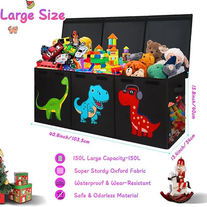 Extra Large Toy Box, Collapsible Sturdy Toy Storage Organizer with Lids, Dinosaur Toy Box for Boys Girls, 40"x16"x16" Kids Toy Chest Bin Baskets for Living Room, Playroom, Bedroom, Nursery, Black