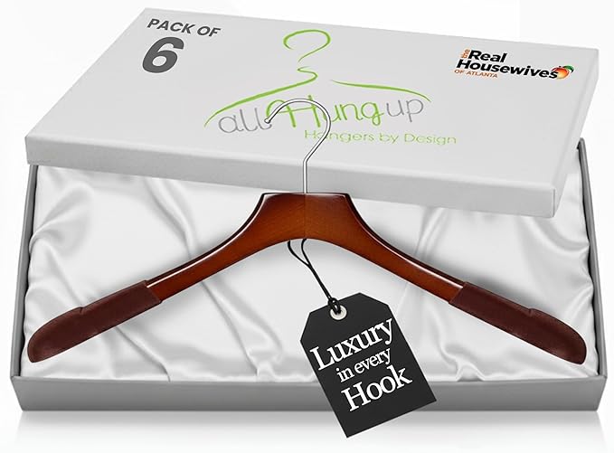 All Hung Up Hangers - Premium Luxe Wooden Hangers for Women, Wide Shoulder Design for Dresses, Skirts, Sweaters & Blouses, Heavy Duty with Velvet Grip, High Gloss Brown with Brown Velvet, 6 pcs
