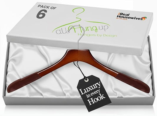 All Hung Up Hangers - Premium Luxe Wooden Hangers for Women, Wide Shoulder Design for Dresses, Skirts, Sweaters & Blouses, Heavy Duty with Velvet Grip, High Gloss Brown with Brown Velvet, 6 pcs