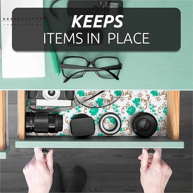 12X120 Inch Shelf Liner for Kitchen Cabinets, PVC Drawer Liner for Dresser Non-Slip Bathroom, Non-Adhesive Cabinet Liner Washable (Green Floral)(5 Roll)
