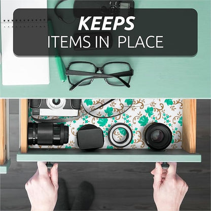 12X120 Inch Shelf Liner for Kitchen Cabinets, PVC Drawer Liner for Dresser Non-Slip Bathroom, Non-Adhesive Cabinet Liner Washable (Green Floral)(1 Roll)