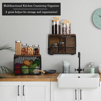 2 Pcs Stackable Mesh Fruit Basket with Lid Wall Produce Vegetable Storage Basket Onion Potato Snack Hanging Metal Wire Container for Kitchen Counter Pantry(Non-removable,Black,7.1"w & 11.8"l)