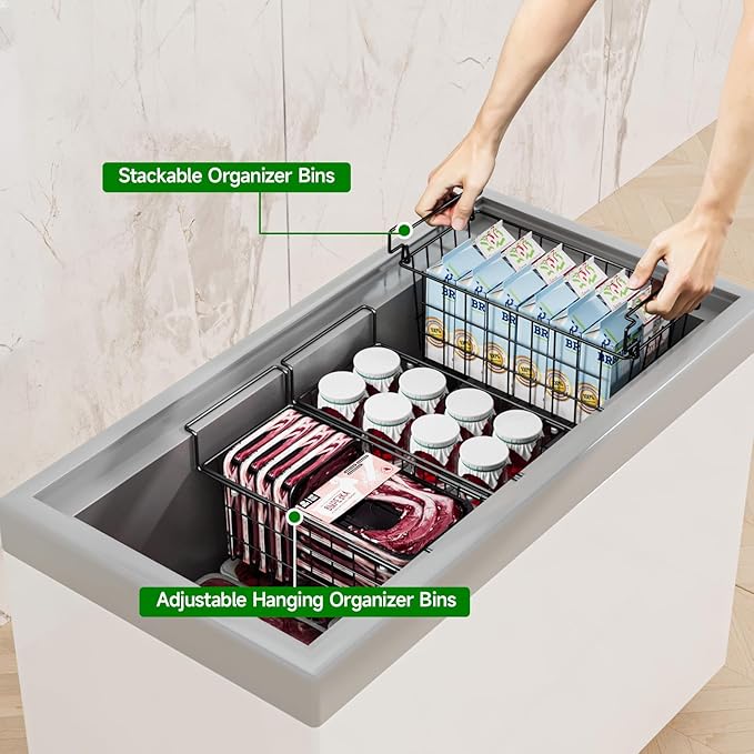 Freezer Baskets for Chest Freezer, Freezer Organizer Bins, 2 Pack Adjustable Hanging Deep Chest Freezer Organizer for 5-7 Cu.FT Deep Freezer Sort Frozen Food