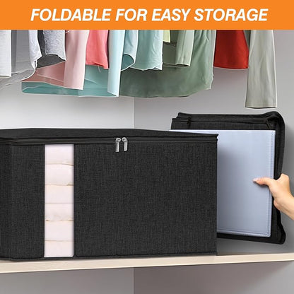 punemi 2 Pack Clothes Storage, Sturdy Blanket Storage Bags with Side Bottom Support, Storage Containers for Organizing Bedroom Closet Clothing Comforter, Organization and Storage W/Lids Handle,Black