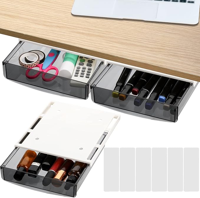 SOUJOY 3 Pack Under Desk Drawer, Self-Adhesive Slide Out Organizer Tray, Plastic Under Table Attachable Hidden Storage Organizer for Office Home School Kitchen Sewing Table
