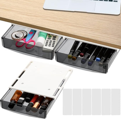 SOUJOY 3 Pack Under Desk Drawer, Self-Adhesive Slide Out Organizer Tray, Plastic Under Table Attachable Hidden Storage Organizer for Office Home School Kitchen Sewing Table