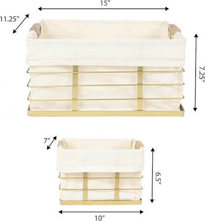 happimess BSK3002D-3SET Callan Vintage Industrial Wire Metal Nesting Storage Baskets with Wood Handles and Fabric Liner for Shelves, Cabinets, Pantry, Countertop, Mesh Open Bin, Gold (Set of 3)