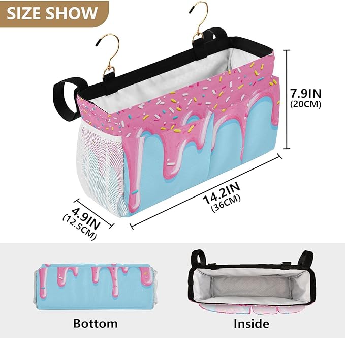 CuwrYet Bedside Caddy Hanging Bunk Bed Caddy Bed Organizer Hanging Pocket with 2 Hooks Bedside Storage Organizer Pocket Bag Holder Cartoon Dripping Frosting