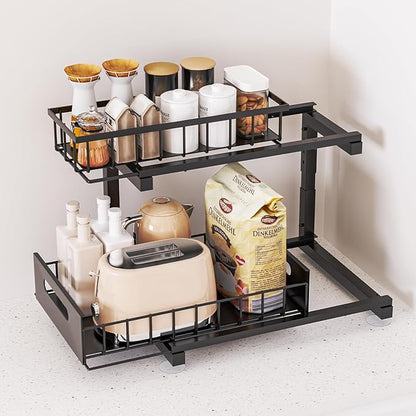 Toyear Under Sink Organizer, Heavy Duty Metal Pull Out Cabinet Organizer Slide Out Sink Shelf Organizer Height Adjustable, Multi-Purpose Storage Shelf for Kitchen Bathroom(Black,1Pack)
