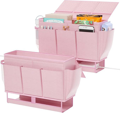 Frjjthchy Bedside Caddy, Bed Organizer with 11 Pockets and Power Strip Holder, Versatile Bedside Storage Caddy for Home,Dorm,Bunk,Hospital,Crib Bed (2 Pack Pink)