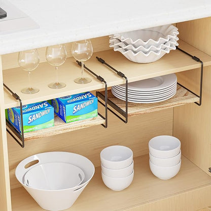 SpaceAid Cabinet Shelf Organizers 2 Pack, Kitchen Counter Organizer Rack Under Shelves Riser, Pantry Cupboard Storage Organization, Metal and Wood, Black and Natural, 13" Wide