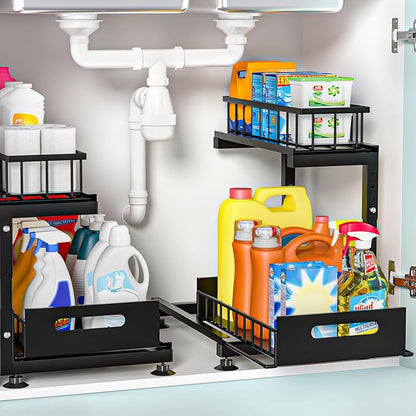 Under Sink Organizer, 2-Tier Premium Metal Pull-Out Racks with Adjustable Height, Heavy Duty Sliding Bin for Bathroom and Kitchen Cabinet Storage, Rust Resistant 2 Pack