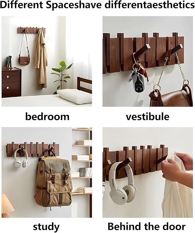 Wall Mounted Coat RackHooks Piano Key Hangers Natural Solid Wood Hanger Non-Woven Fabric Clothes Hangers for Closet, Kitchen, Bedroom, Bathroom, Entryway (Moon Walnut-Beech, 8 Hooks)