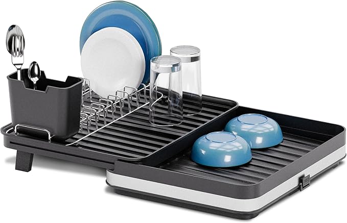 Home Zone Living Large Collapsible Dish Drying Rack with Adjustable Length and Utensil Caddy