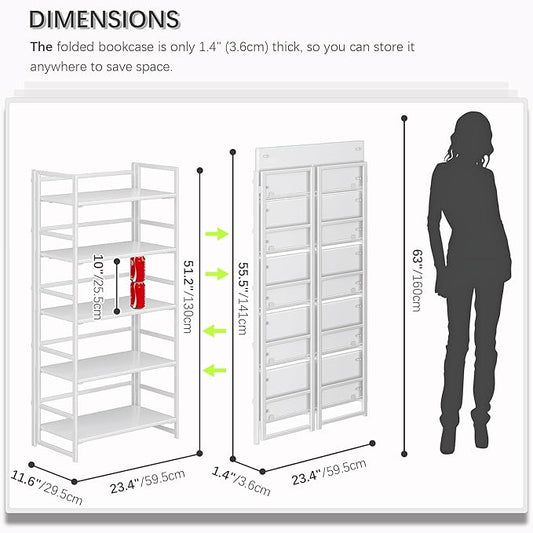 4NM No Assembly 5 Tiers Collapsible Book Shelves, 51.2" H Folding Bookshelf Bookcase Open Industrial Foldable Shelves for Bedroom, Living Room, Home Office - All White