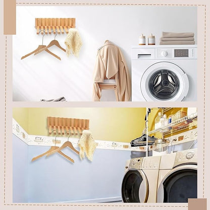 Beech Wood Wall Mounted Drying Rack for Laundry Room with 10 Mount Folding Coat Hooks Racks Drying Hanger for Clothes Bathroom Hat Towels Robes Rack Saving Space