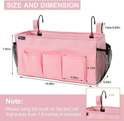 Surblue Bedside Organizer with Hook Caddy Hanging Storage Bag with Adjustable Straps and Water Bottle Holder for Home, College Dorm, Hospital Accessories, Crib Bed Rail, Pink, 2PCS