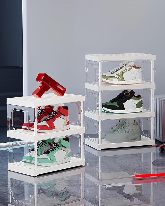 RILBOX X-Large Sturdy Foldable Shoe Rack Sneaker Container Clear Plastic Stackable Space Saving Shoe Storage Boxes Organizers Bin Holder with Lids for Entryway, Closet 6 Tier - 27.6" W Hold 12 Pairs