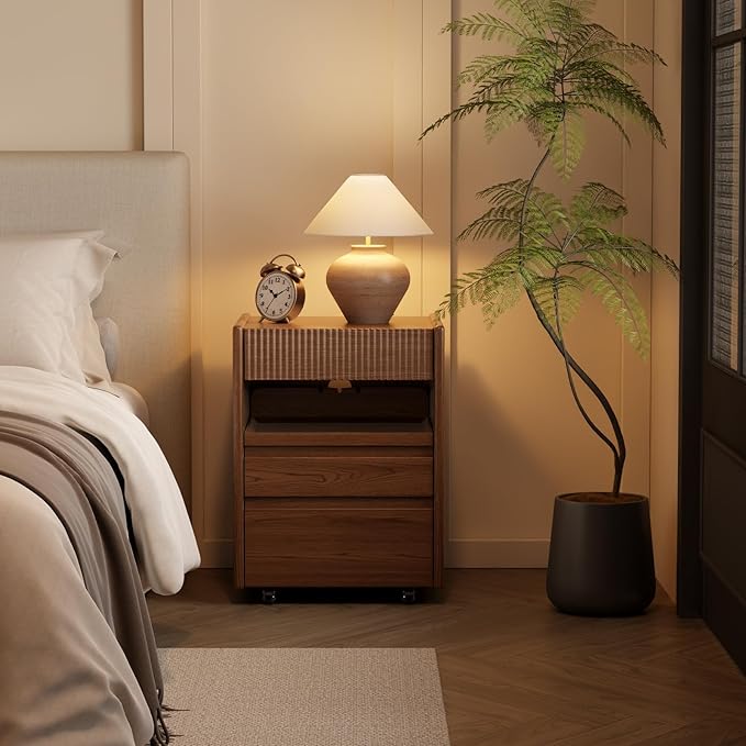 CycleCrew Mid-Century Modern Nightstand with Wheels - 100% Solid Wood Bedside Table with 3 Storage Drawers and Open Shelf Fluted Rolling Night Stand End Side Table for Bedroom, Home