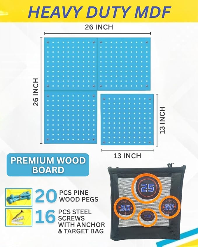 Skywin Wooden Peg Board for Nerf Gun with Target Bag 13 x 0.32 x 13 Inches - Hanging Holder Compatible with All Blasters Nerf Gun Rack Organizer for Wall Organization (Blue)