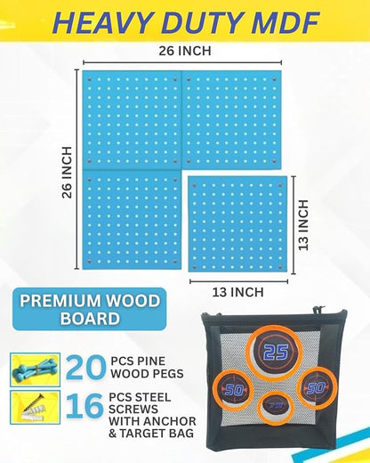 Skywin Wooden Peg Board for Nerf Gun with Target Bag 13 x 0.32 x 13 Inches - Hanging Holder Compatible with All Blasters Nerf Gun Rack Organizer for Wall Organization (Blue)