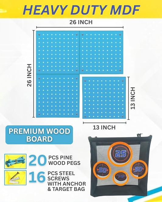 Skywin Wooden Peg Board for Nerf Gun with Target Bag 13 x 0.32 x 13 Inches - Hanging Holder Compatible with All Blasters Nerf Gun Rack Organizer for Wall Organization (Blue)