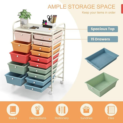 KOTEK 15-Drawer Rolling Storage Cart, Multipurpose Mobile Utility Cart with 4 Wheels, Home Office School Tools Scrapbook Paper Organizer (Multicolor-Combo3)