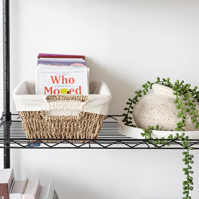 JS HANGER Wicker Storage Basket with Washable Liners, Metal Frame, Set of 2, 12.6"L x 8.7"W x 4.3"H, Seagrass Woven Basket for Pantry, Toilet, Bathroom, Bedroom, Patio, Natrual