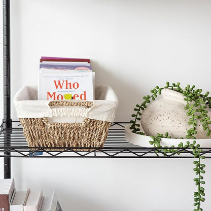 JS HANGER Wicker Storage Basket with Washable Liners, Metal Frame, Set of 2, 12.6"L x 8.7"W x 4.3"H, Seagrass Woven Basket for Pantry, Toilet, Bathroom, Bedroom, Patio, Natrual