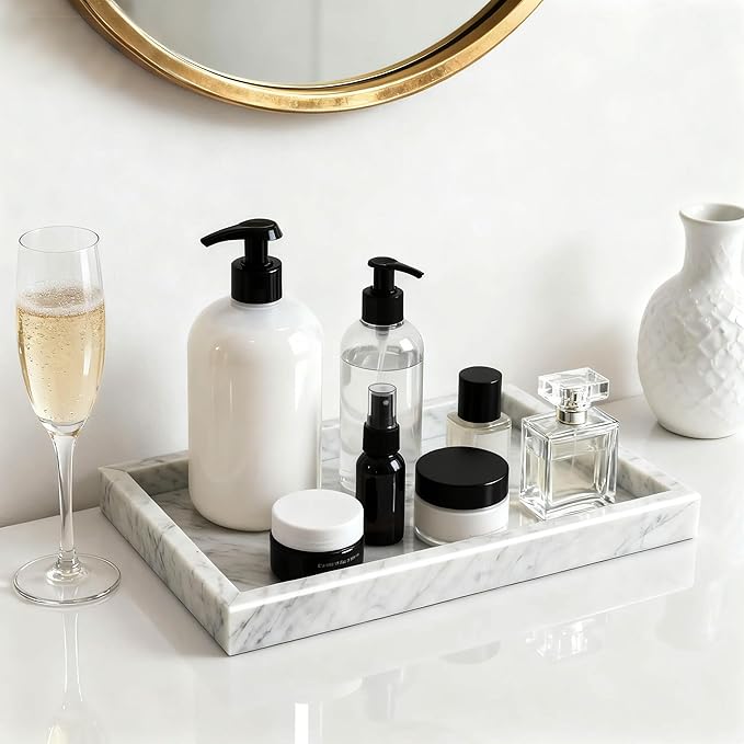 MARBLOC 12"x8" Marble Tray White Rectangular Bathroom Tray countertop, Vanity & Kitchen | Includes Mirror Wiper and Wash Towel | Decorative Organizer for Perfume, Jewelry & Home Decor