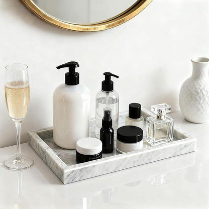 MARBLOC 12"x8" Marble Tray White Rectangular Bathroom Tray countertop, Vanity & Kitchen | Includes Mirror Wiper and Wash Towel | Decorative Organizer for Perfume, Jewelry & Home Decor