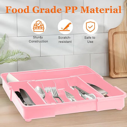 Silverware Organizer - Expandable Silverware Drawer Organizer, Adjustable Drawer Organizer, Silverware Tray for Drawer 15.2"x 19" Utensil Drawer Organizer, Kitchen Organizers Storage, Pink