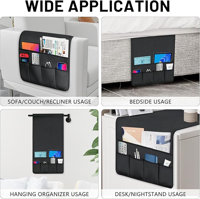 WETRBWEH TV Remote Control Holder Couch Caddy, Non-slip Bedside Caddy Organizer with 5 Pockets for Key Glasses Phone Magazine Holders (Black, 35''x18'')