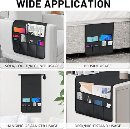 WETRBWEH TV Remote Control Holder Couch Caddy, Non-slip Bedside Caddy Organizer with 5 Pockets for Key Glasses Phone Magazine Holders (Black, 35''x18'')