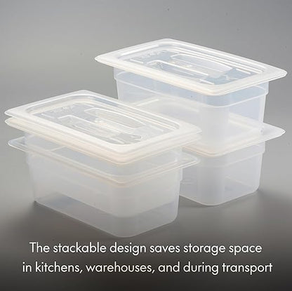 CURTA 4-Pack 1/4 Size 4" Deep Food Pan with Handled Lid – NSF Listed Commercial-Grade Translucent Polypropylene, Stackable Freezer-safe Storage for Restaurants, Catering & Buffets