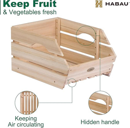 Wood Potato Onion Storage Bins - Wooden Stackable Produce Basket - Fruit Vegetable Storage for Kitchen Pantry Organization, Set 3 Pieces