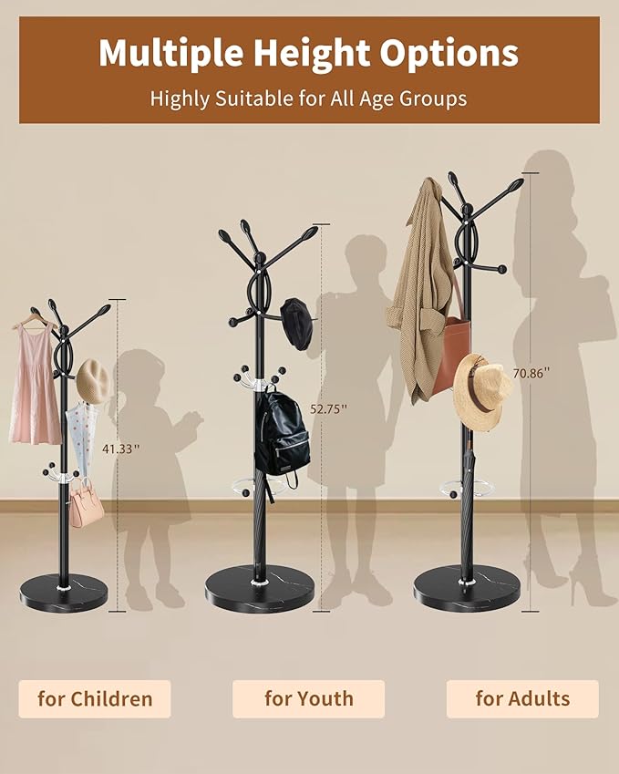 Metal Coat Rack with Natural Marble Base, Coat Rack Stand with 10 Hooks & Umbrella Holder, Black Modern Freestanging Coat Racks, Coat Jacket Hanger Tree Stand for Corner Entryway Office